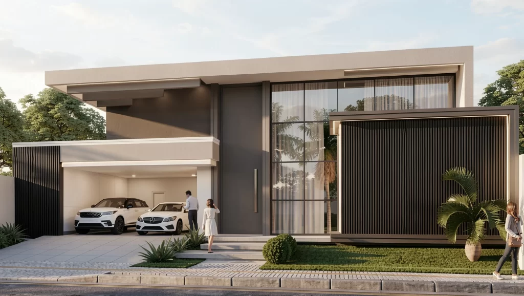 Perspectiva 3D de casa moderna com fachada ripada, grande pano de vidro e garagem