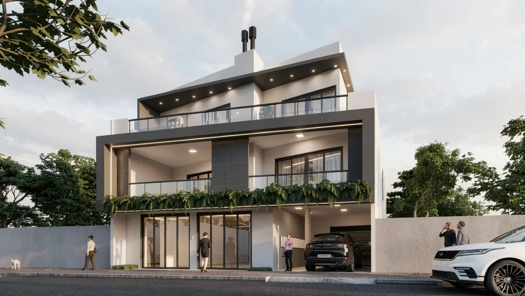 Perspectiva 3D de sobrado de três pavimentos com jardim vertical, sacadas e garagem