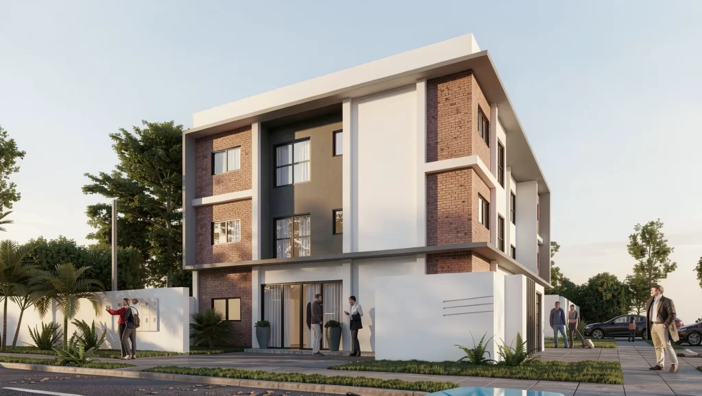 Perspectiva 3D de edifício de três pavimentos com fachada em tijolo aparente e branco