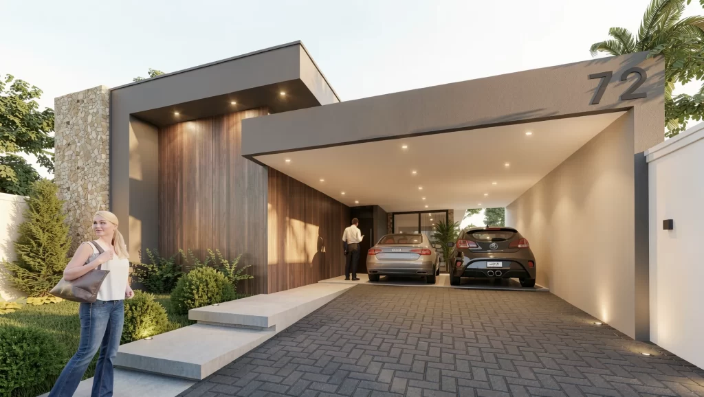 Perspectiva 3D de casa térrea moderna com fachada em madeira, pedra e garagem aberta