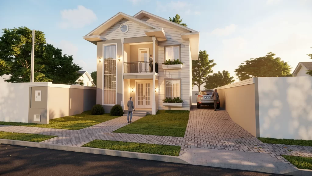 Perspectiva 3D de sobrado colonial branco com sacada, óculo redondo e esquadrias brancas