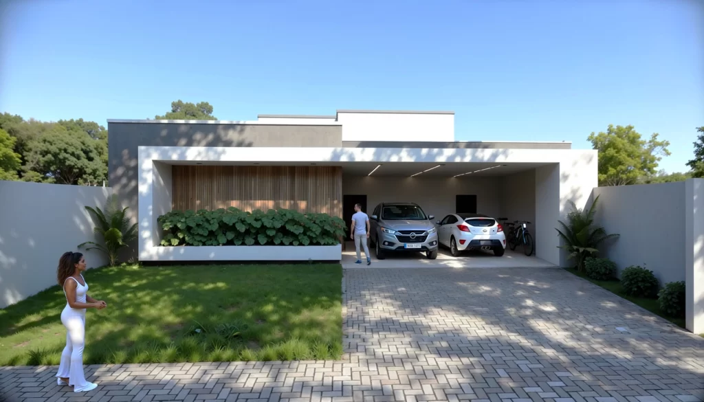 Perspectiva 3D da casa térrea Ilha Verde com painel em madeira e jardim de folhagens
