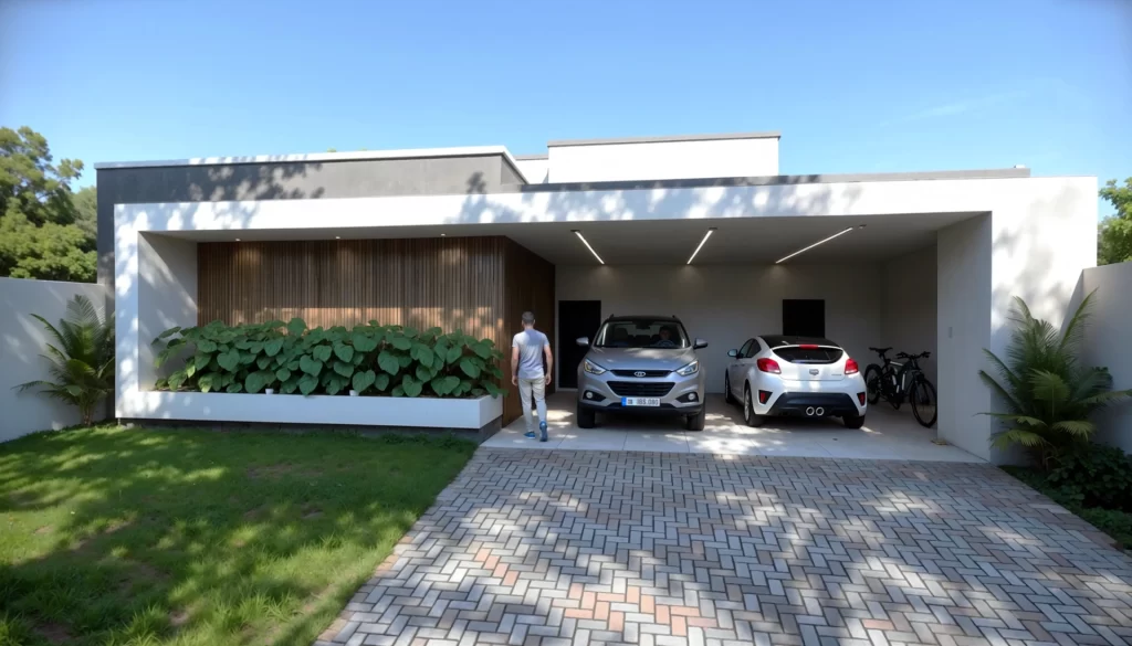 Perspectiva 3D da casa térrea Ilha Verde com garagem aberta, painel ripado e folhagens