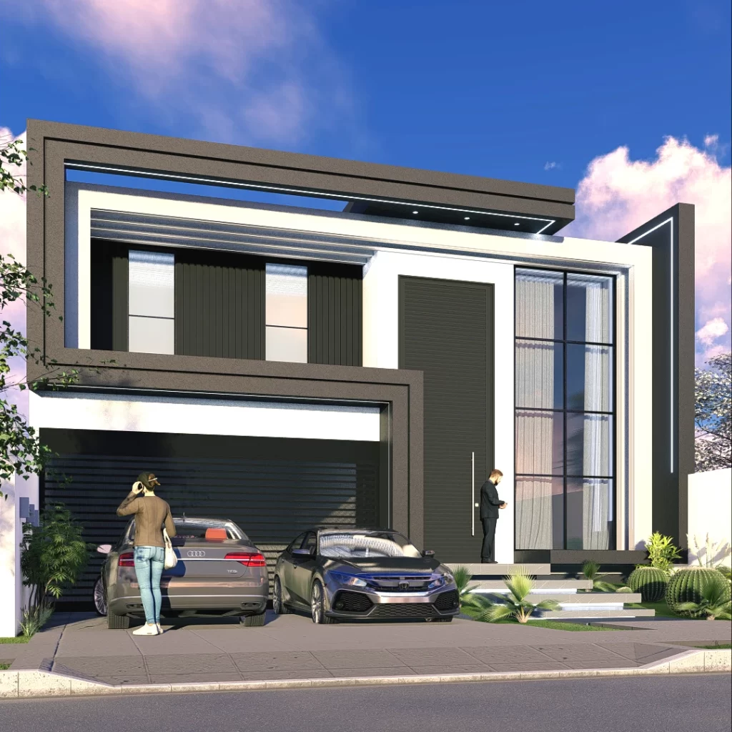 Perspectiva 3D de sobrado moderno com moldura preta, pano de vidro e garagem para dois carros