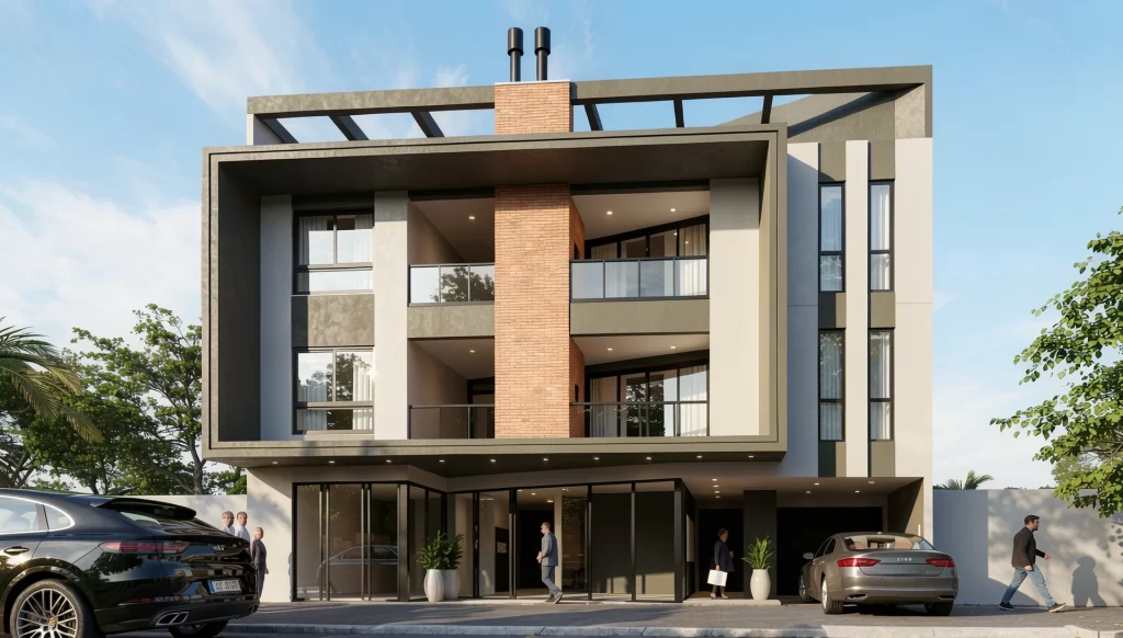 Perspectiva 3D de edifício de quatro pavimentos com faixa central em tijolo e sacadas