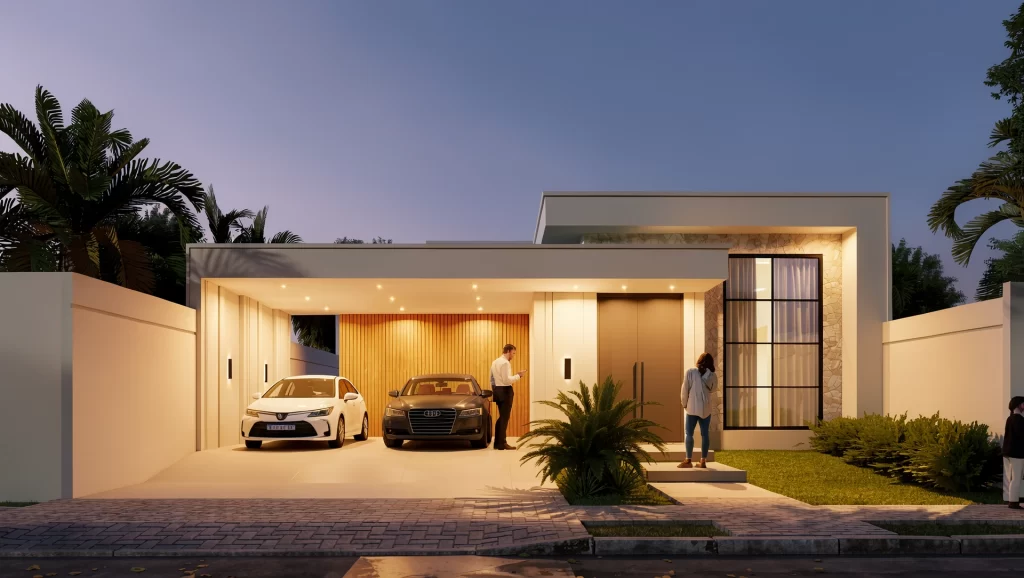 Perspectiva 3D noturna de casa térrea moderna com garagem dupla iluminada e painel ripado