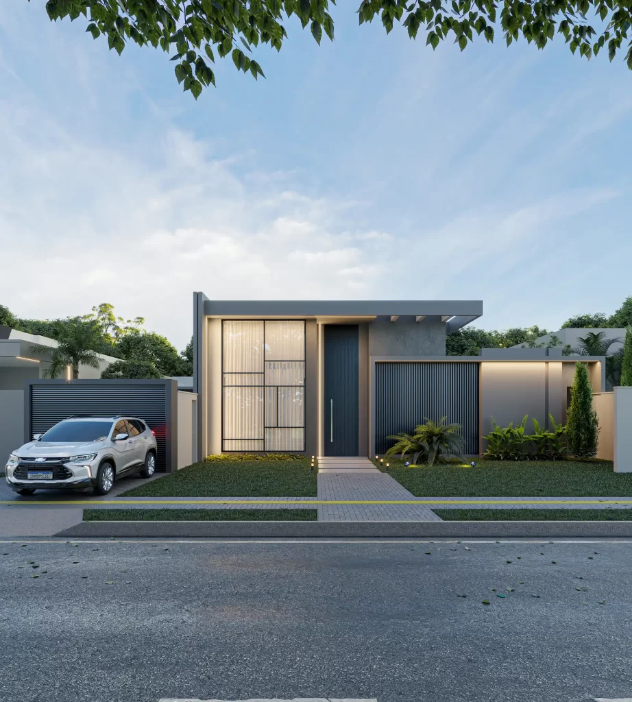 Perspectiva 3D de casa térrea moderna cinza com painel ripado azul e iluminação noturna