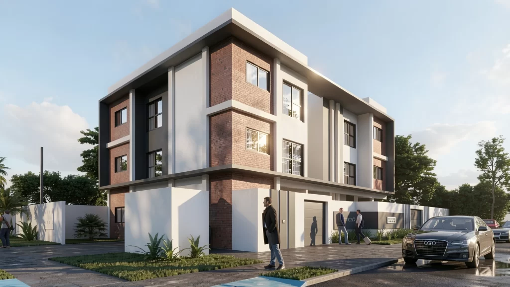 Perspectiva 3D de edifício de esquina com três pavimentos em tijolo aparente e branco