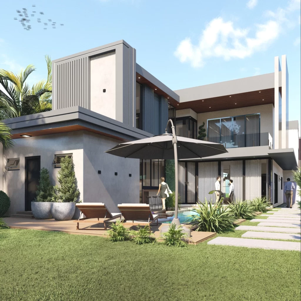 Perspectiva 3D de residência de alto padrão com área externa, espreguiçadeiras e jardim