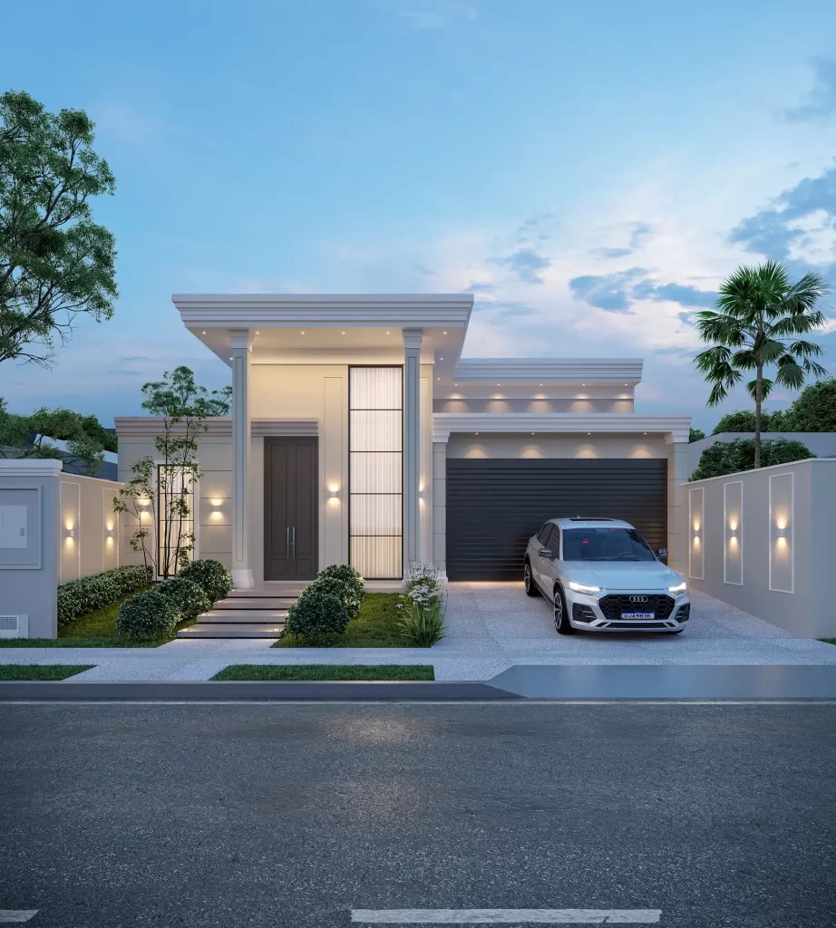 Perspectiva 3D de casa térrea neoclássica branca com platibanda, colunas e garagem iluminada