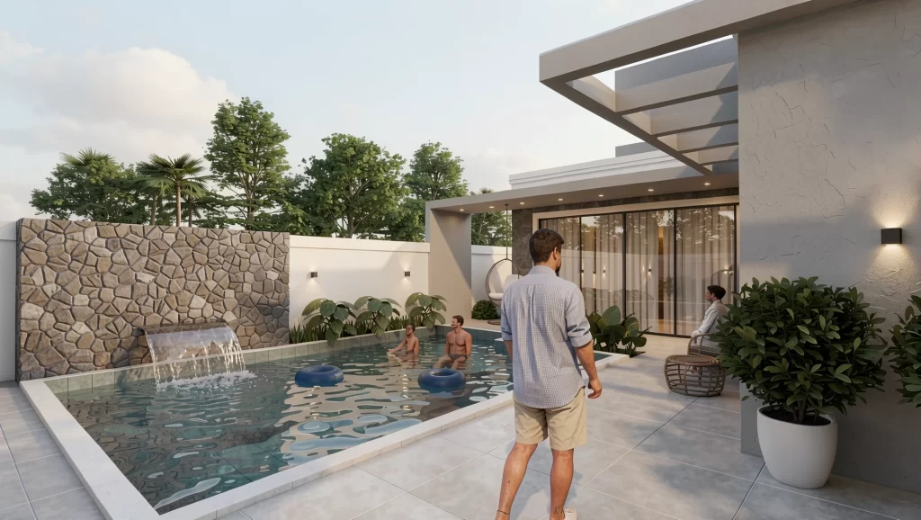 Perspectiva 3D de área de lazer com piscina, muro em pedra e pergolado