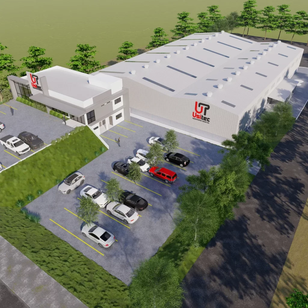 Perspectiva 3D aérea de galpão industrial Usitec com estacionamento e bloco administrativo