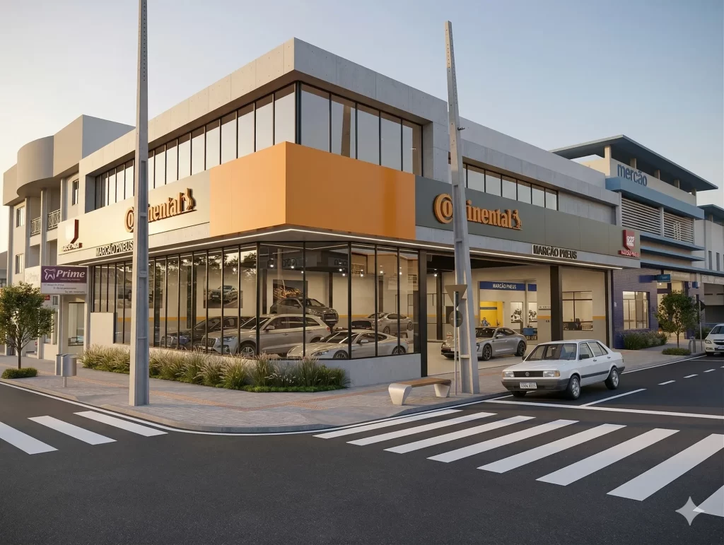 Centro comercial automotivo de dois pisos em esquina, fachada envidraçada e estrutura contemporânea — projeto comercial Steps.