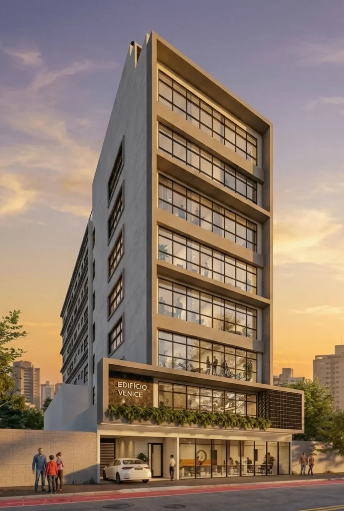 Edifício comercial contemporâneo de uso misto ao entardecer, fachada com grandes janelas envidraçadas em vários pavimentos — projeto comercial Steps.