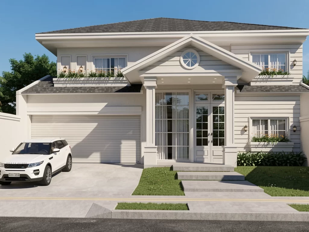 Residência contemporânea de dois pavimentos com telhados em duas águas, fachada cinza e gradil decorativo — projeto residencial Steps.