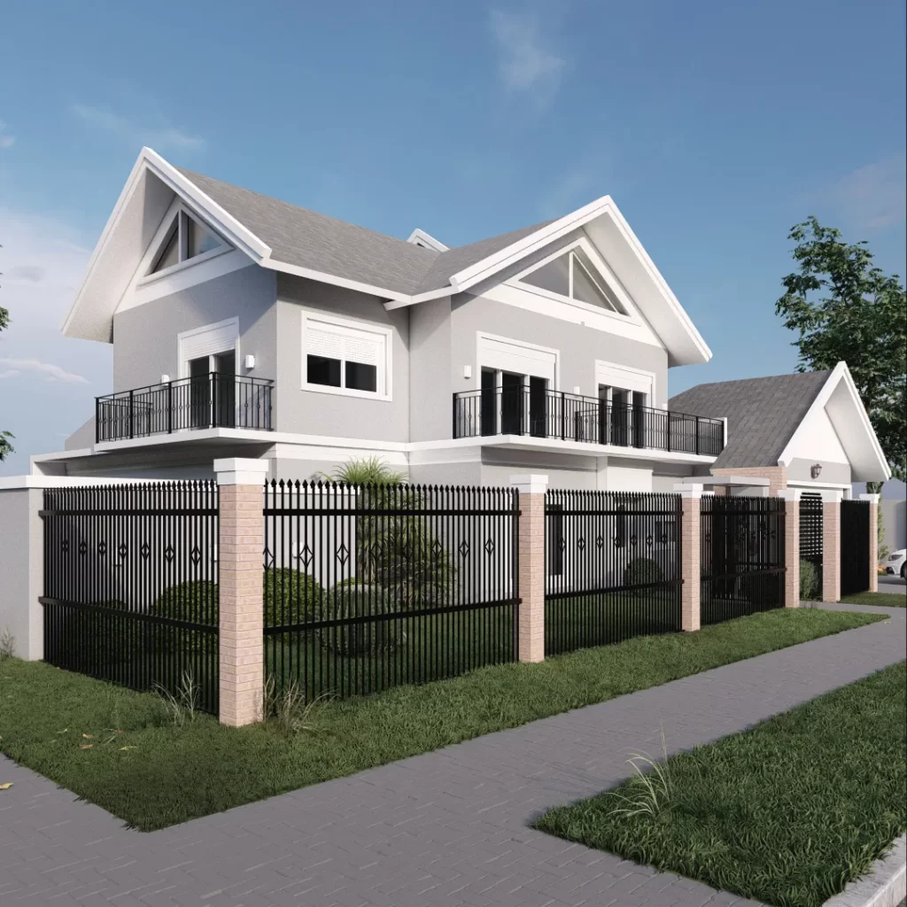 Residência contemporânea de dois pavimentos com telhados em duas águas, fachada cinza e gradil decorativo — projeto residencial Steps.