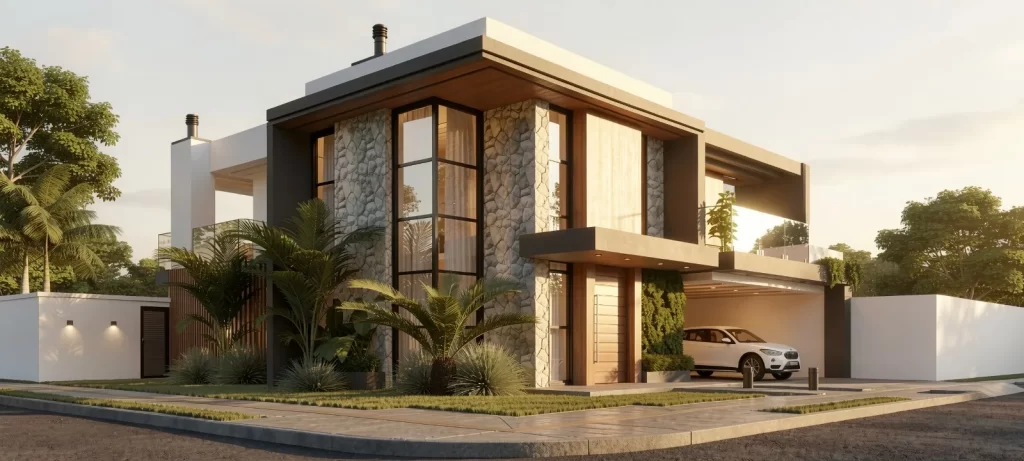 Residência contemporânea de dois pavimentos em esquina, fachada de pedra e madeira com grandes esquadrias de vidro, ao entardecer — projeto residencial Steps.