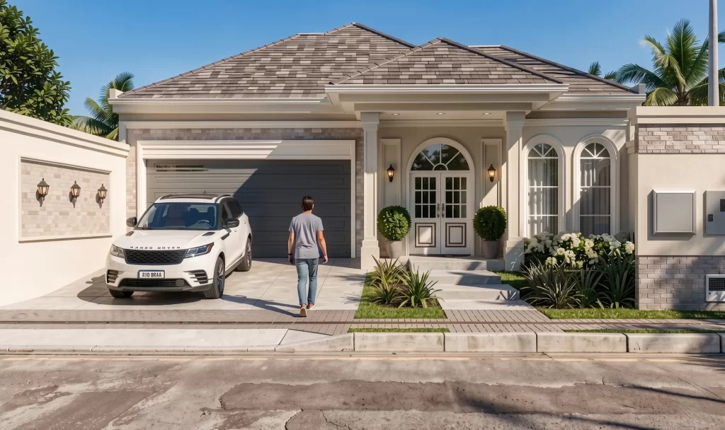 Residência térrea em estilo clássico contemporâneo, fachada branca com portas em arco, garagem e amplo paisagismo — projeto residencial Steps.