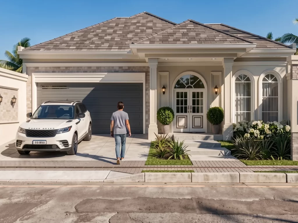 Residência térrea em estilo clássico contemporâneo, fachada branca com portas em arco, garagem e amplo paisagismo — projeto residencial Steps.