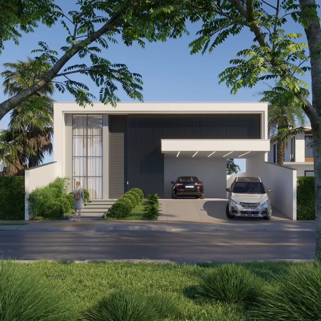 Perspectiva 3D de casa térrea moderna com fachada branca, amplo painel ripado escuro e pano de vidro, garagem coberta com dois carros e paisagismo arborizado