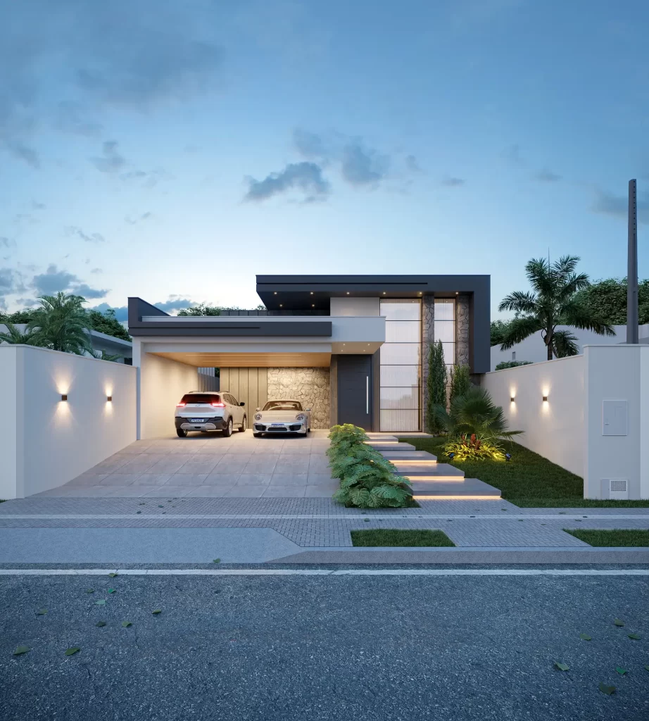 Perspectiva 3D ao entardecer de residência moderna iluminada com fachada em pedra, madeira e vidro, garagem coberta com dois carros e escada com paisagismo